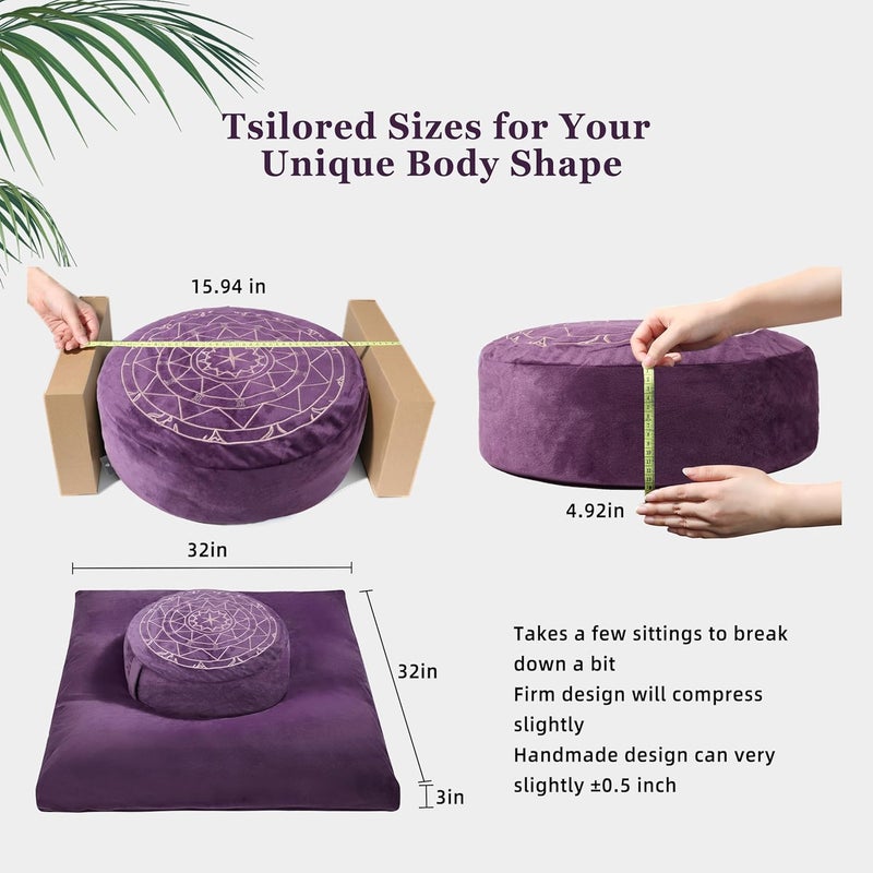 ellier Zafu & Zabuton Meditation Cushion Set - Buckwheat Hull & Memory Foam Pillows, Ergonomic Support for Yoga, Mindfulness - Organic Velvet Cover, Large Size, Durable Comfort (Purple) - Image 2